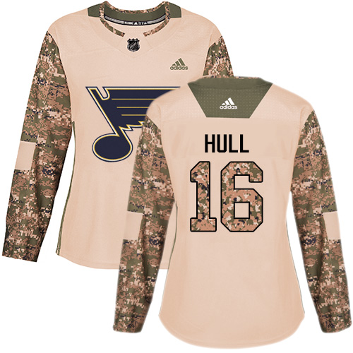 Adidas Blues #16 Brett Hull Camo Authentic Veterans Day Women's Stitched NHL Jersey